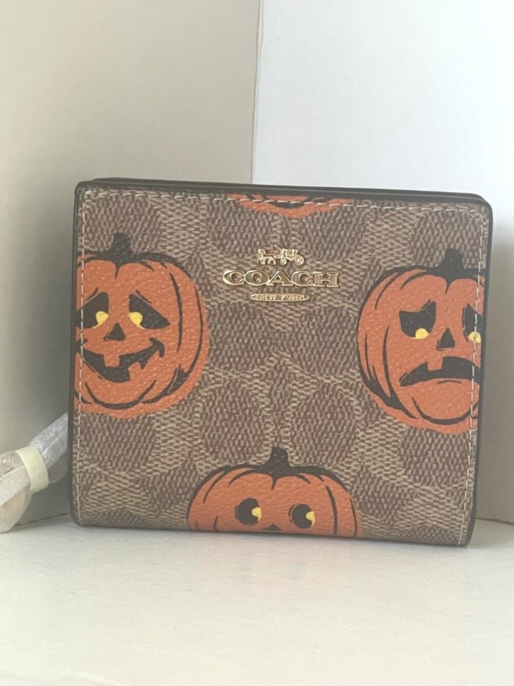 Coach Snap Wallet ID Pumpkin Halloween Signature Canvas Leather CCR19